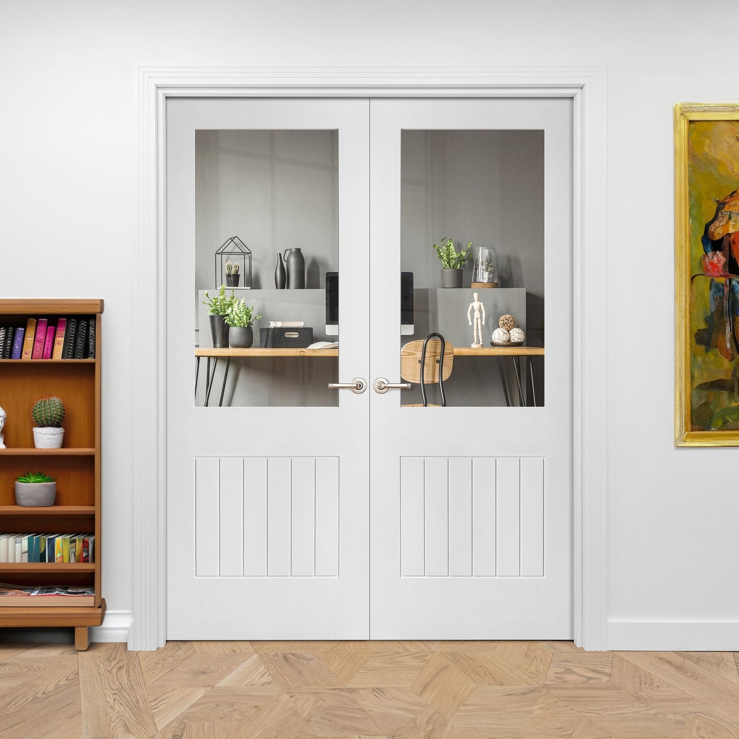 Internal White Primed Cottage 1 Panel 1 Light Clear Glass Pair Door (121409)