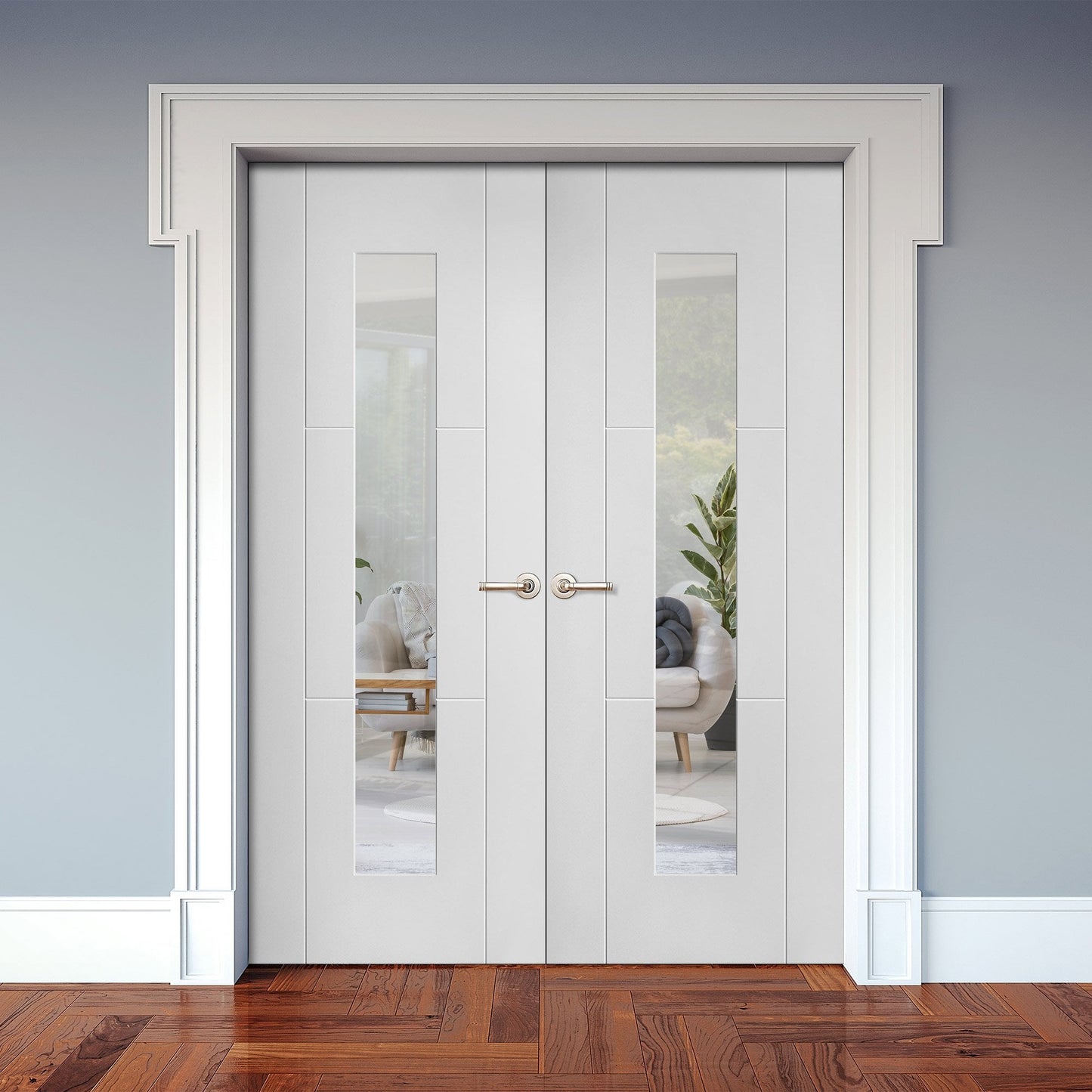 Internal White Primed Trent 3 Panel 1 Light Clear Glass Pair Door (121435)