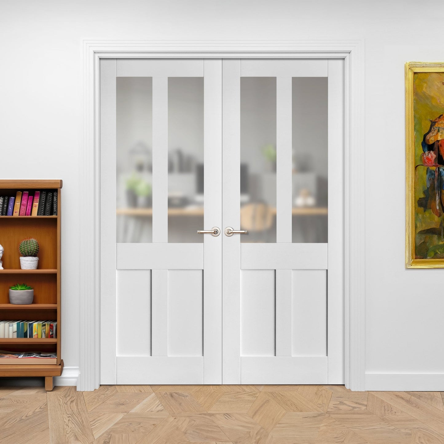 Internal White Primed Victorian 2 Panel 2 Light Obscure Glass Pair Door (121439)