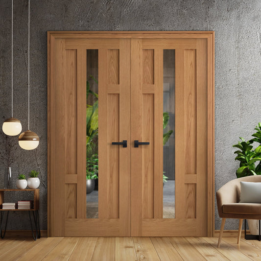 Internal Oak Fully Finished Stamford 4 Panel 1 Light Glazed Pair Door (121370)