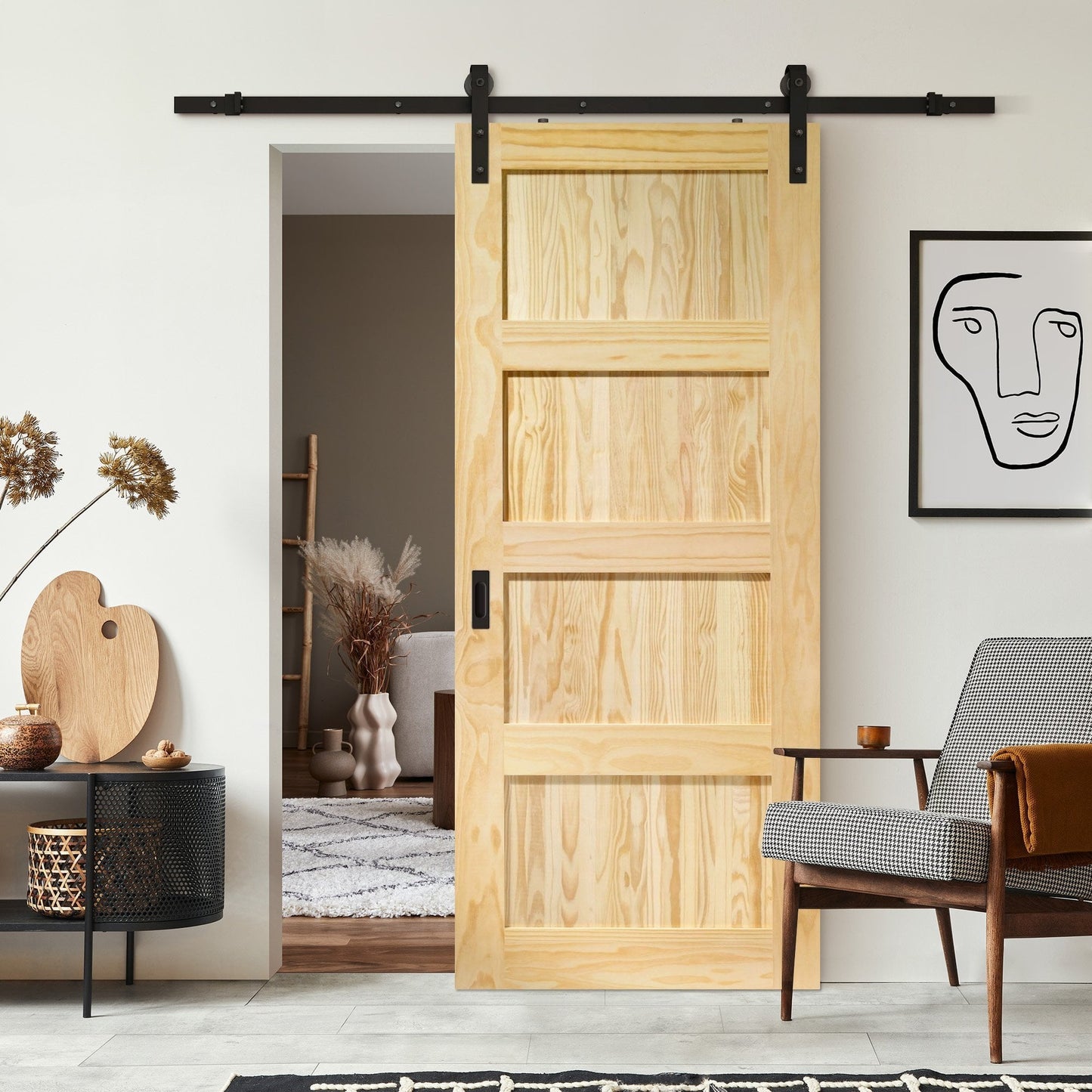 Clear Pine Internal Unfinished Shaker 4 Panel Sliding Door - Black Face Mounted (119911)