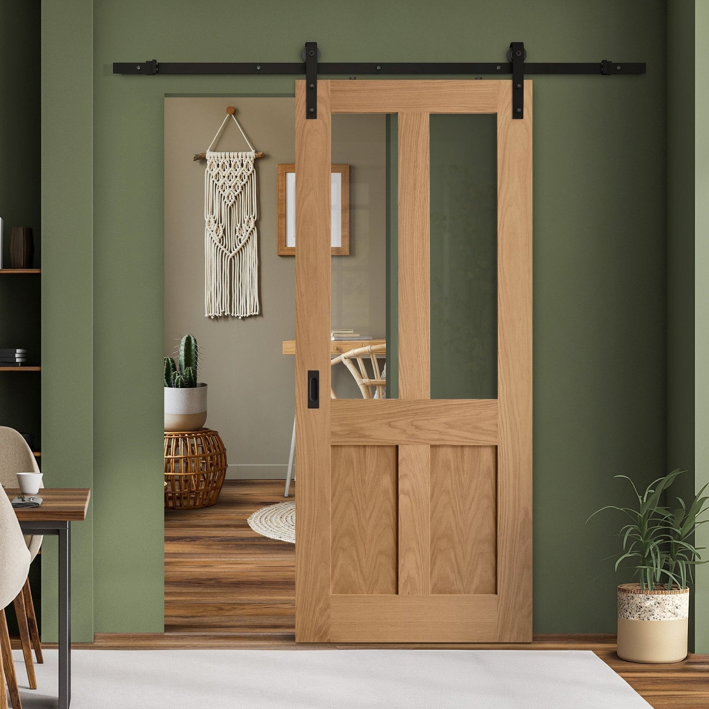 Oak Internal Unfinished Victorian Shaker 2 Panel 2 Light Clear Glass Sliding Door - Black Face Mounted (119960)