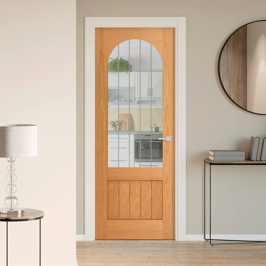 Oak Internal Fully Finished Farley Arched Square Top 1 Panel 1 Light Obscure Lined Clear Glass Door (122073)