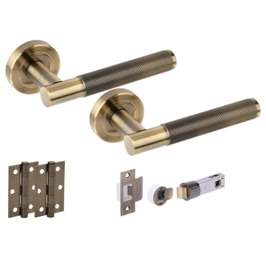 Knurled Round Rose Lever Door Handle Set - Antique Bronze (341499)