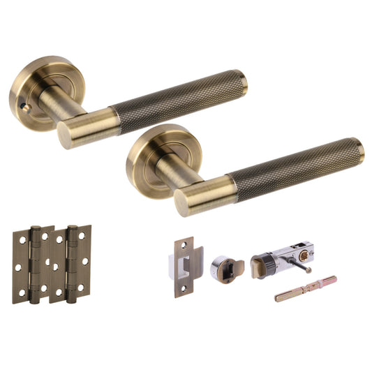 Knurled Round Rose Lever Door Bathroom Handle Set - Antique Bronze (341500)