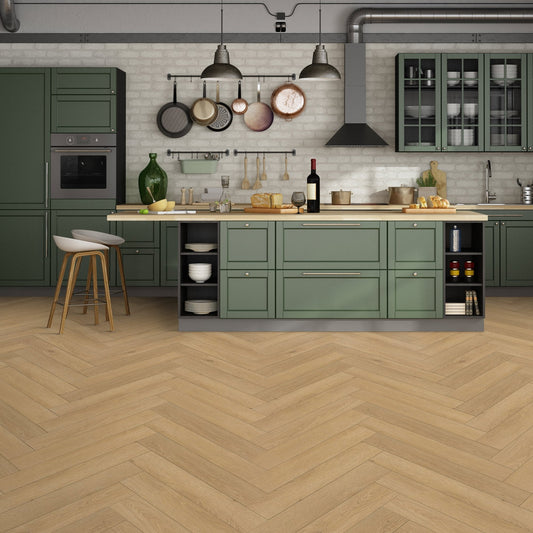 Pale Amberwood Oak - Comfort Luxe 12mm Laminate Herringbone Flooring (122145)
