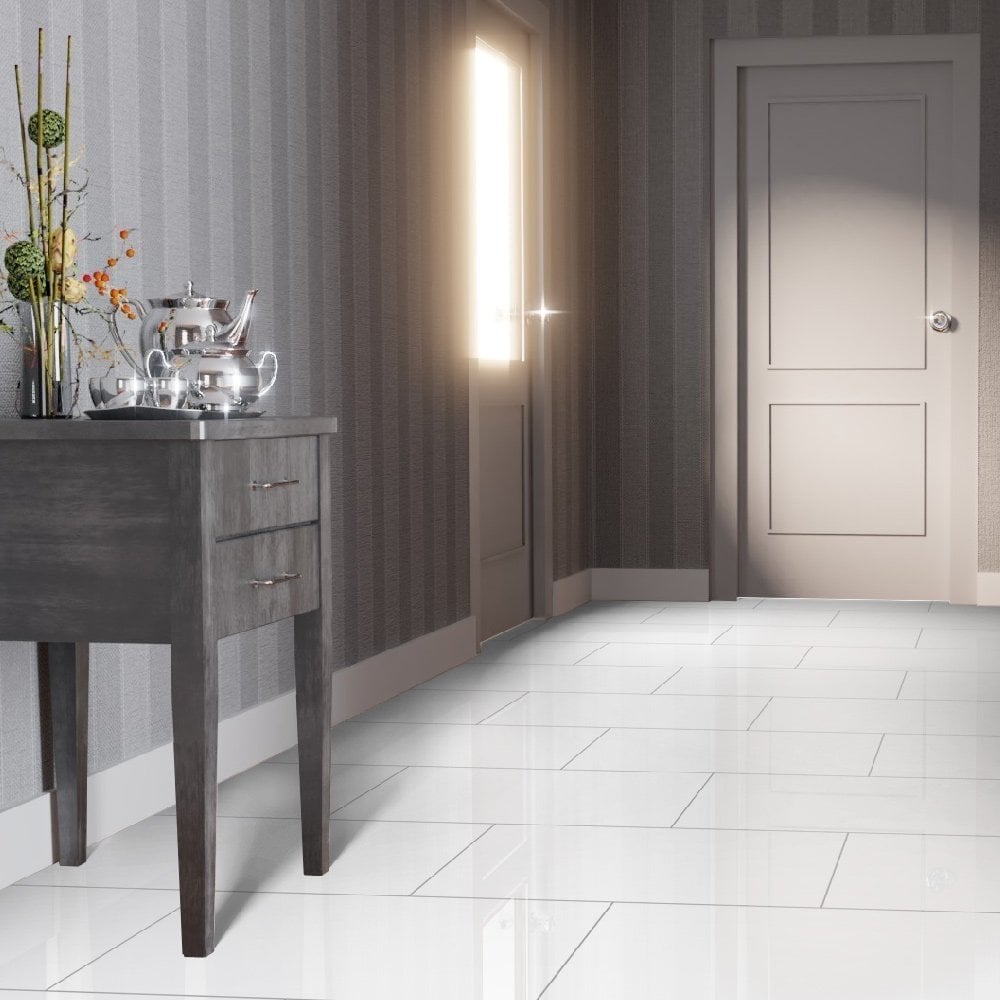 White - Lustre Stone 8mm High Gloss Laminate Flooring (90000)