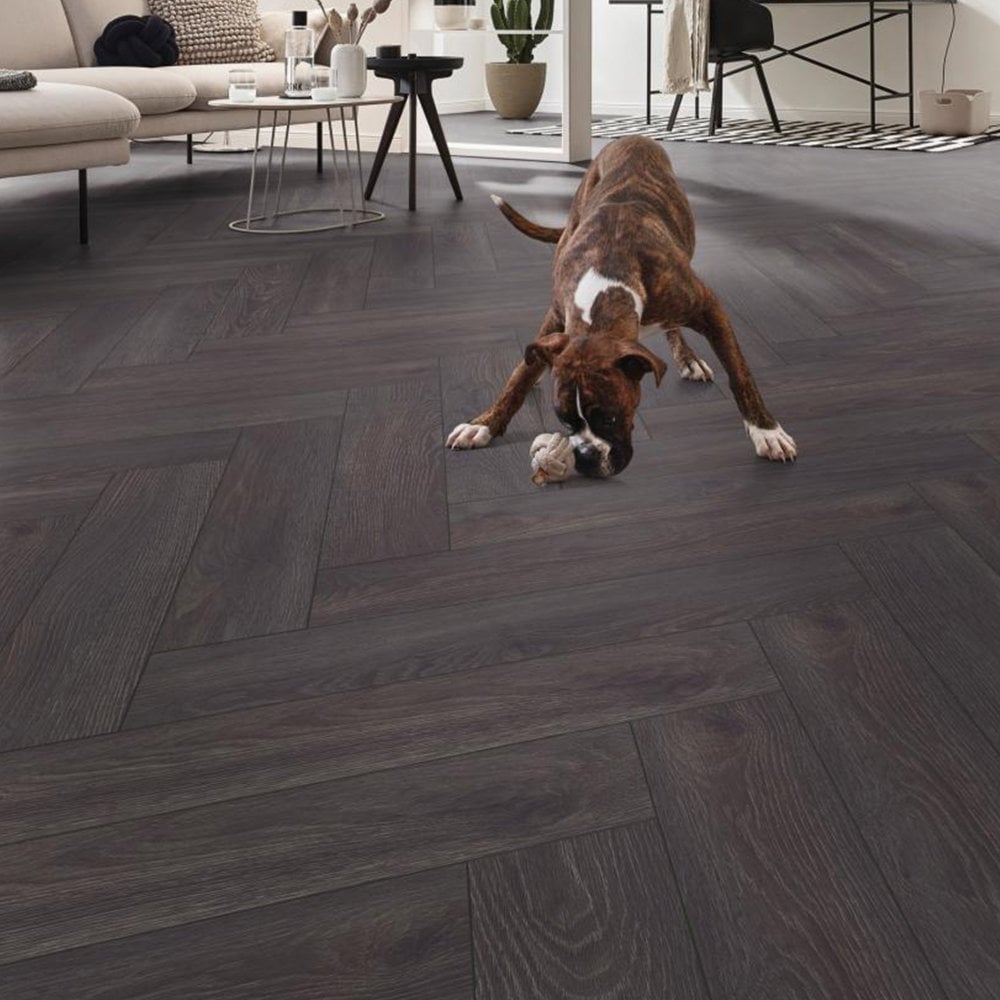 Kronotex | Elba Oak Black - Herringbone 8mm Laminate Sample - D6010 (SKU-344535)