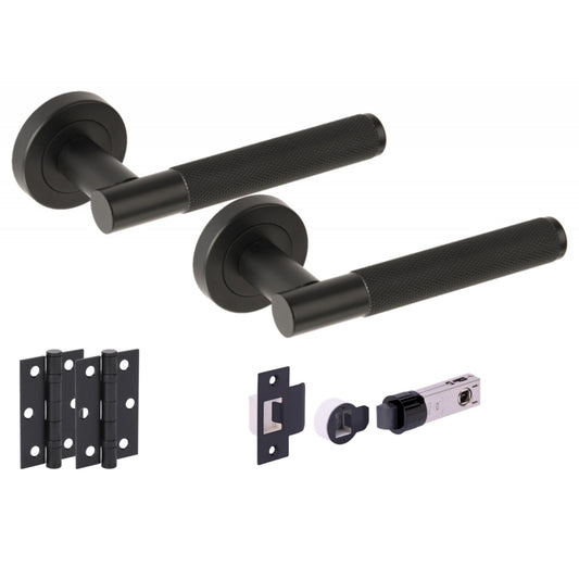 Knurled Round Rose Lever Door Handle Set - Matt Black (251291)