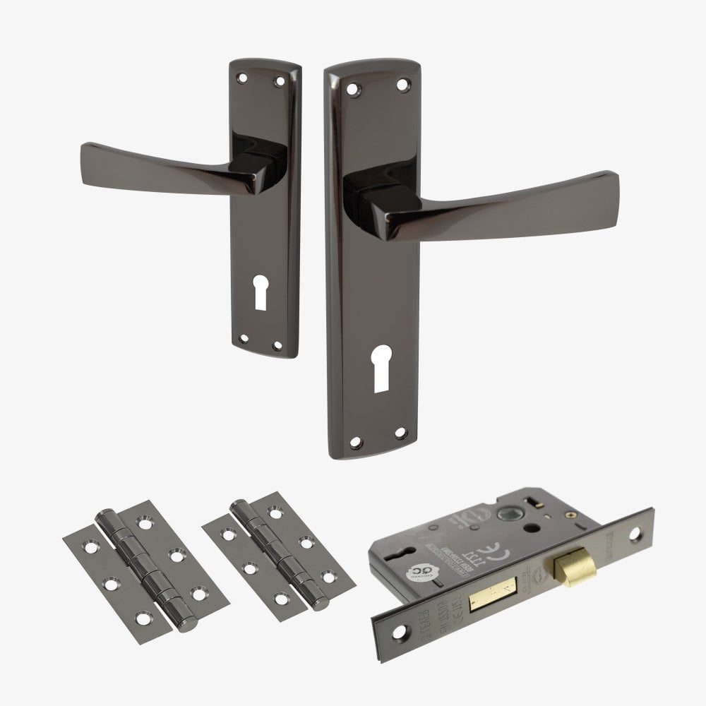 Ritz Lever & Lock on Backplate Bathroom Door Handle Set - Black Nickel (122282)
