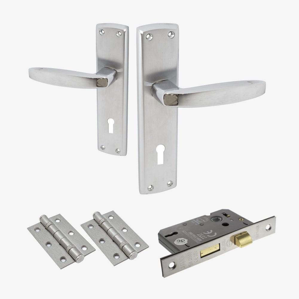 Deco Lever & Lock on Backplate Bathroom Door Handle Set - Polished Chrome / Satin Chrome (122281)