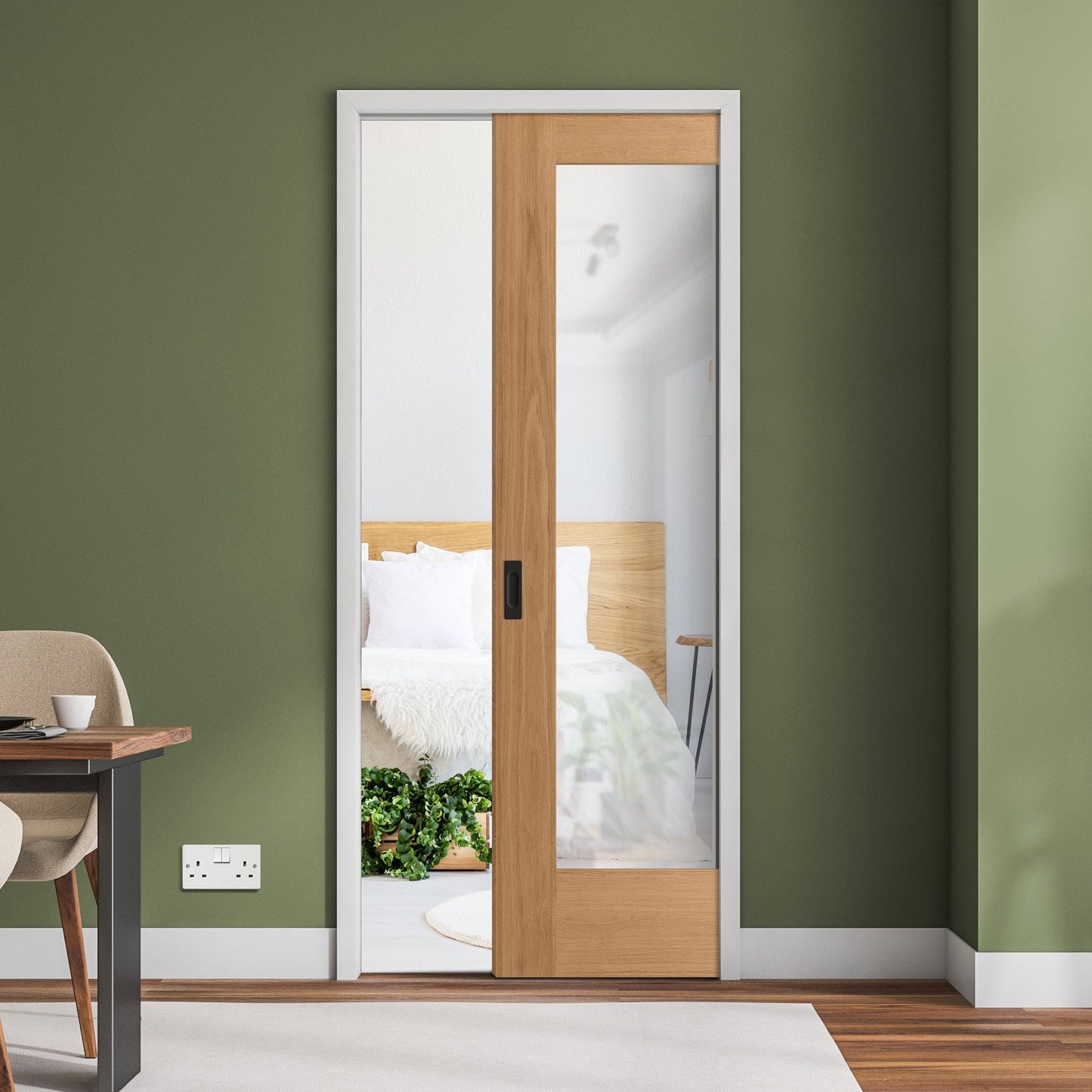 Oak Unfinished Pattern 10 1 Light Clear Glass Framed Pocket Door Set (123212)