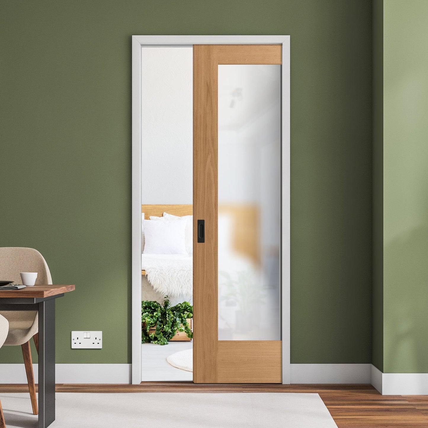 Oak Unfinished Pattern 10 1 Light Obscure Glass Framed Pocket Door Set (123213)