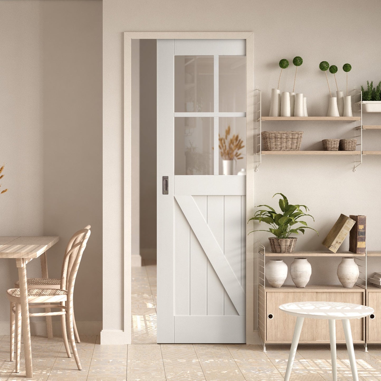 White Primed Internal Barn 4 Light Clear Glass FLB Framed Pocket Door Set (123240)