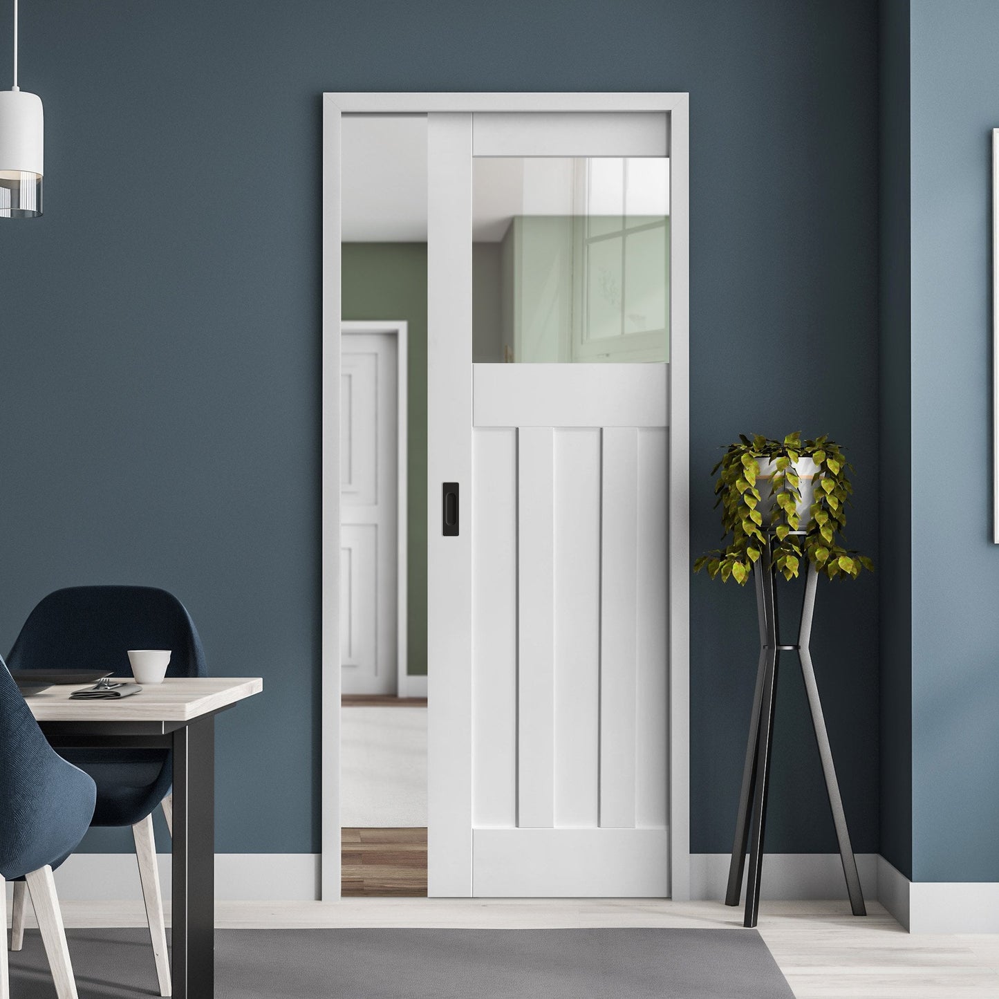 White Primed Internal DX 1930's Clear Glass Framed Pocket Door Set (123249)