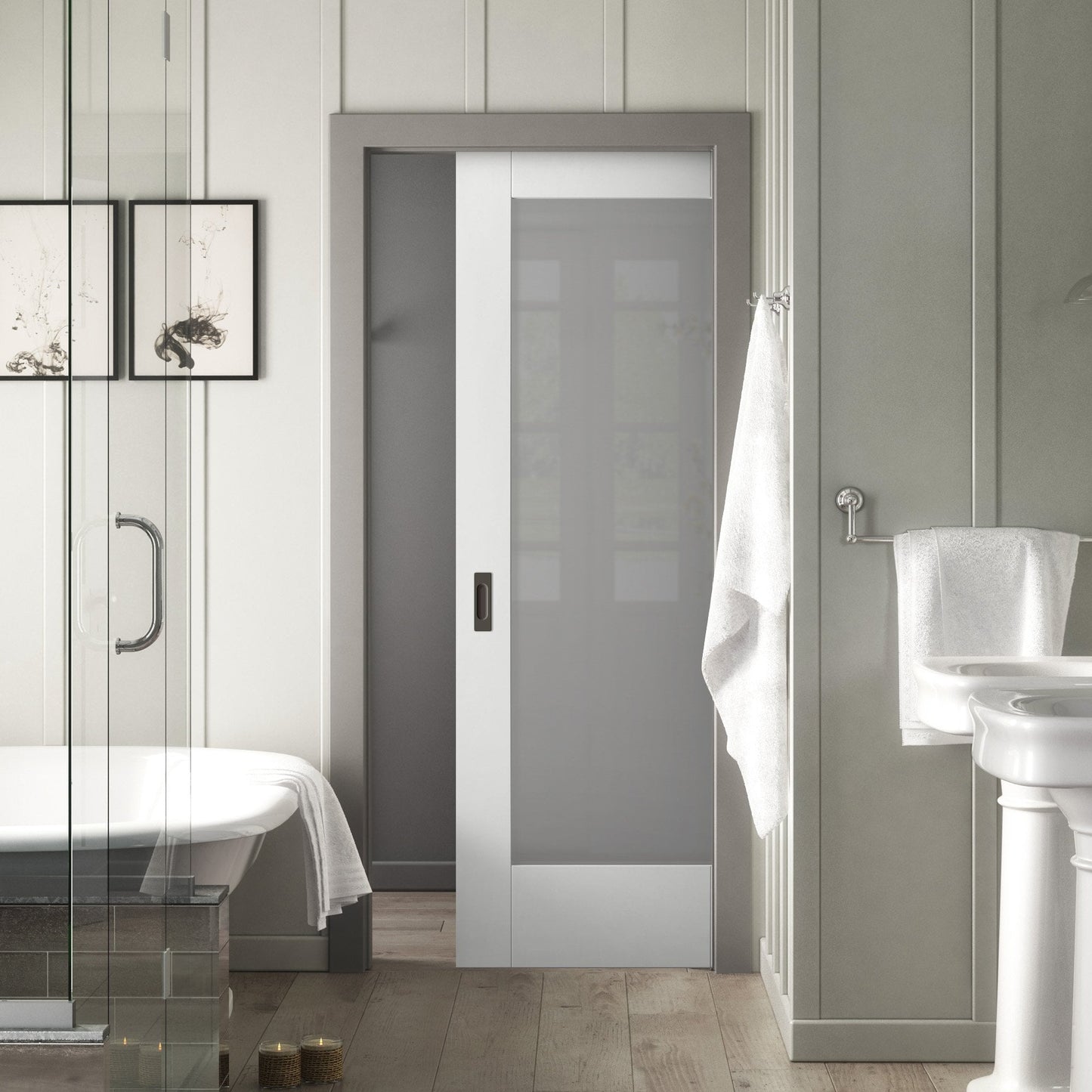 White Primed Internal Pattern 10 1 Light Obscure Glass Framed Pocket Door Set (123259)