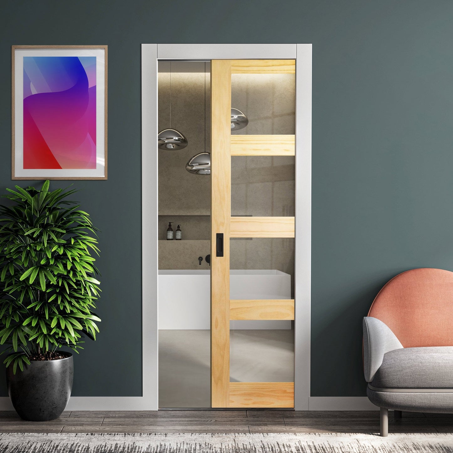 Clear Pine Unfinished Internal Shaker 4 Light Clear Glass Framed Pocket Door Set (123189)