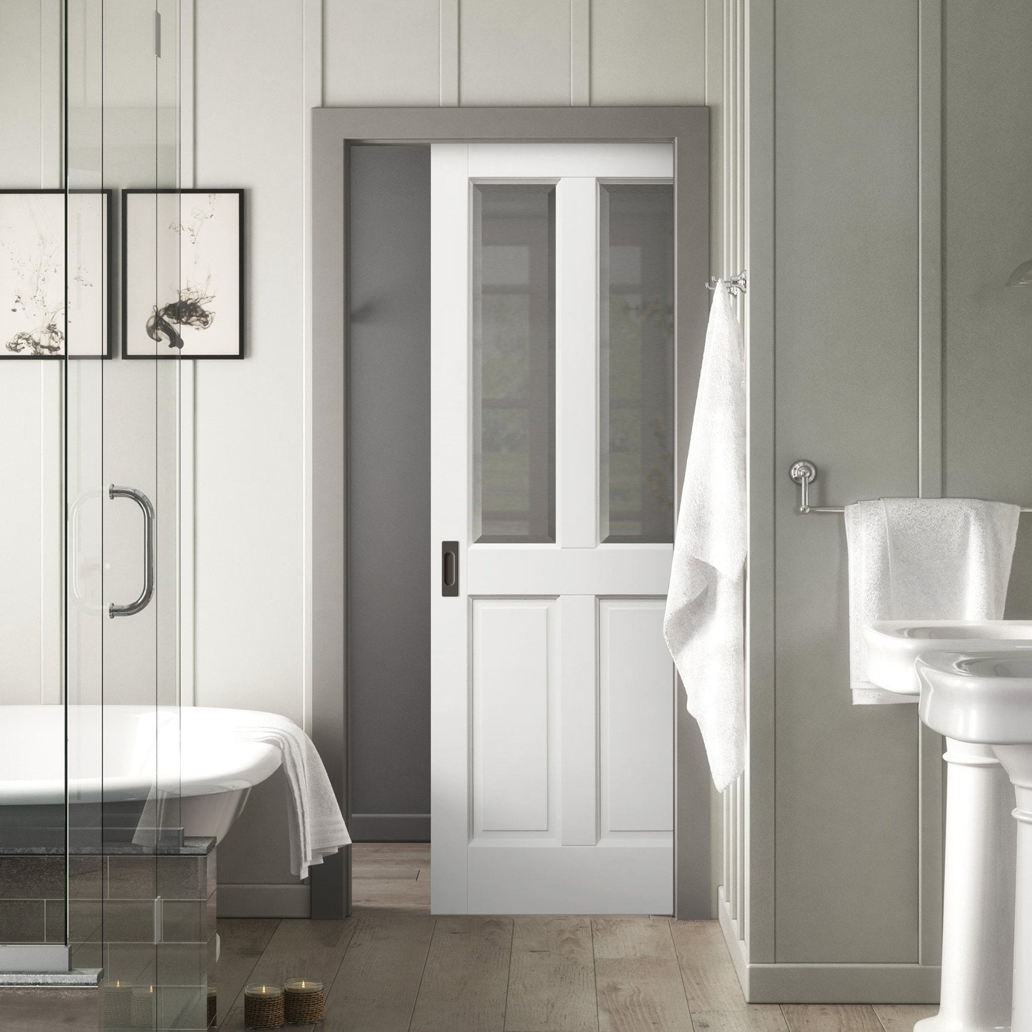 White Primed Internal Berkeley 4 Panel 2 Light Bevelled Glazed Framed Pocket Door Set (123242)
