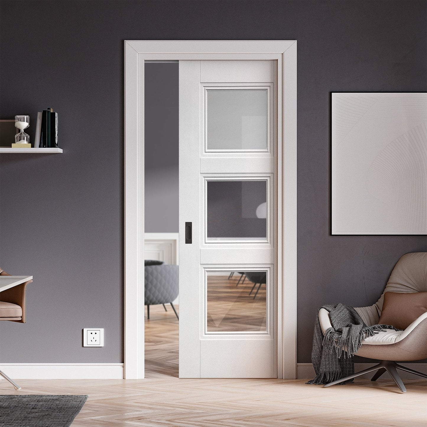 White Primed Internal Elegance Ripley 3 Light Clear Glass Framed Pocket Door Set (123253)