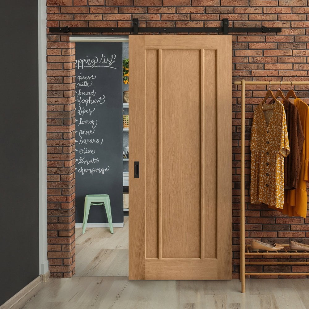 Oak Internal Unfinished Toledo 3 Panel Sliding Door - Black Top Mounted (120671)