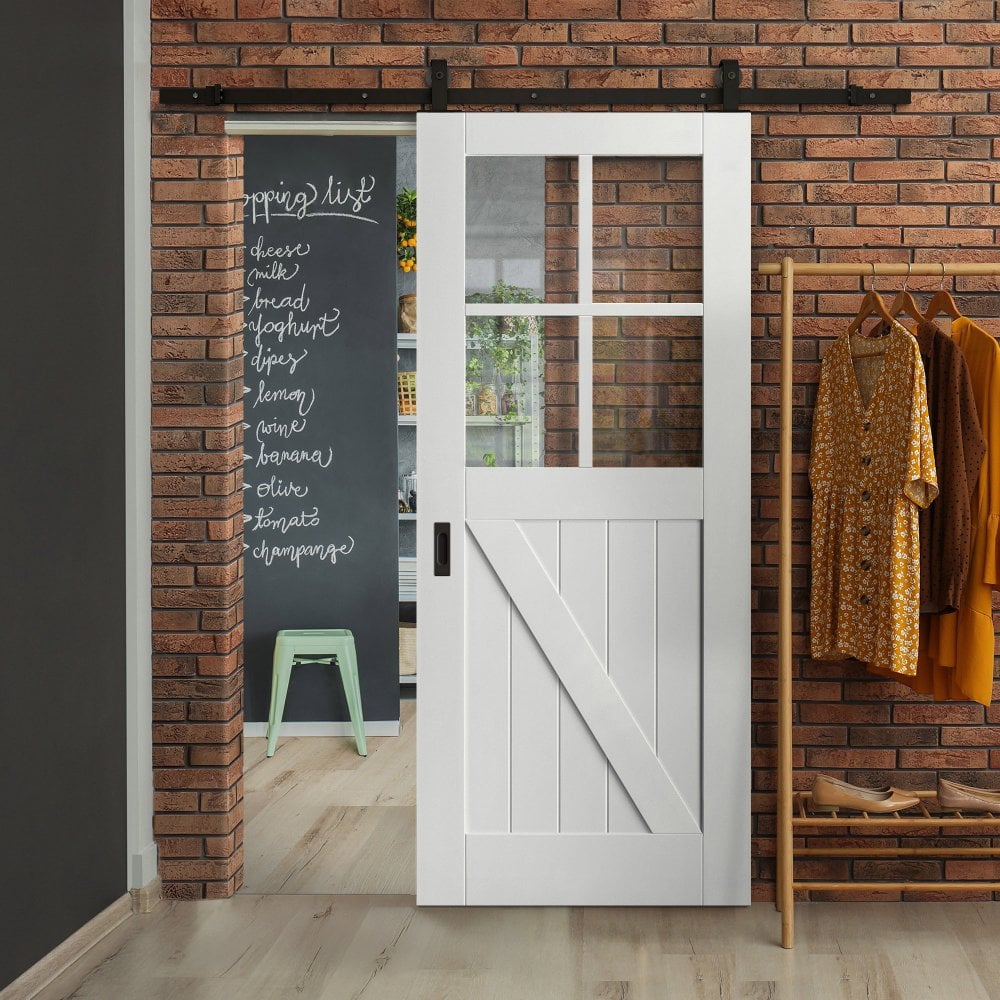 White Primed Internal Barn 4 Light Clear Glass FLB Sliding Door - Black Top Mounted (120696)