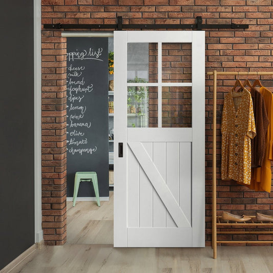 White Primed Internal Barn 4 Light Clear Glass FLB Sliding Door - Black Top Mounted (120696)