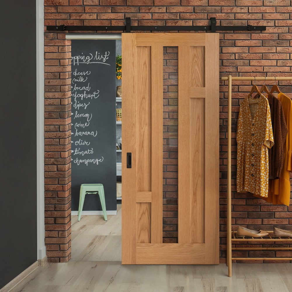 Oak Internal Fully Finished Stamford 4 Panel 1 Light Clear Glass Sliding Door - Black Top Mounted (120746)