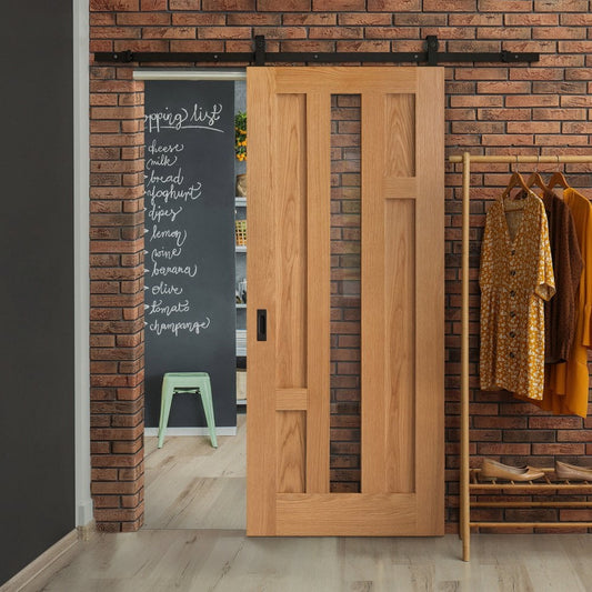 Oak Internal Fully Finished Stamford 4 Panel 1 Light Clear Glass Sliding Door - Black Top Mounted (120746)