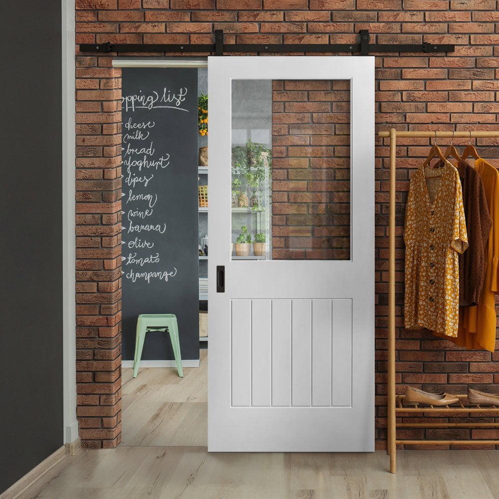 White Primed Internal Cottage 1 Panel 1 Light Clear Glass Sliding Door - Black Top Mounted (120705)