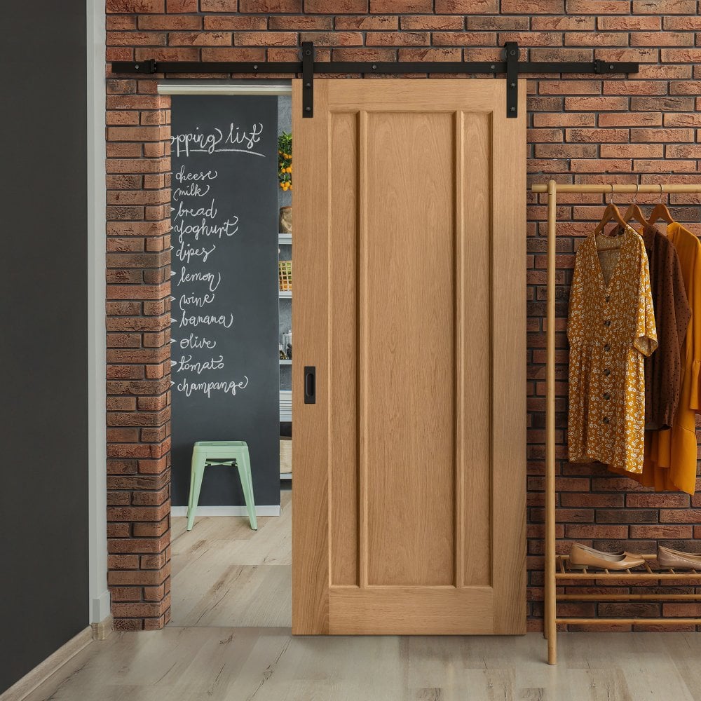 Oak Internal Unfinished Toledo 3 Panel Sliding Door - Black Face Mounted (119952)