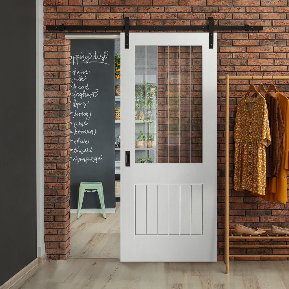 White Internal Primed Cottage 1 Light Etched Lined Clear Glass Sliding Door - Black Face Mounted (119984)