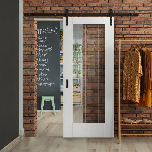 White Internal Primed Cottage 1 Light Clear Glass with Obscure Lines Sliding Door - Black Face Mounted (120576)