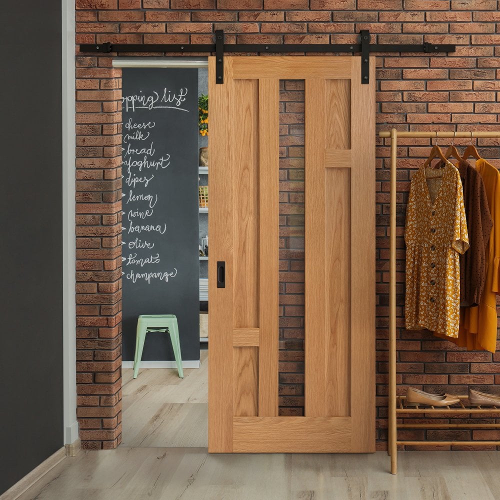 Oak Internal Fully Finished Stamford 4 Panel 1 Light Clear Glass Sliding Door - Black Face Mounted (119938)