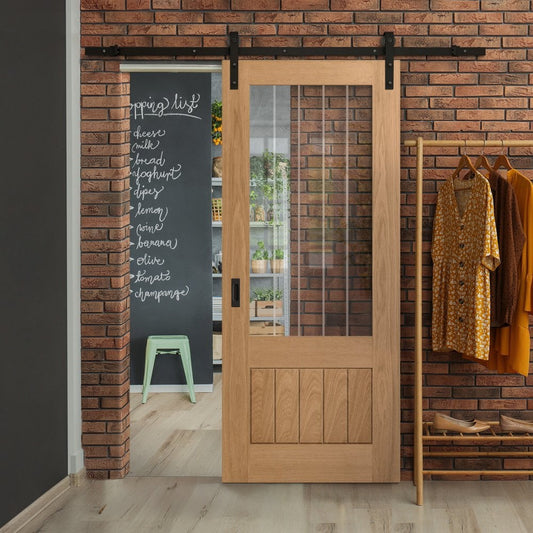 Oak Internal Unfinished Farley 1 Panel 1 Light Obscure Lined Clear Glass Sliding Door - Black Face Mounted (119945)