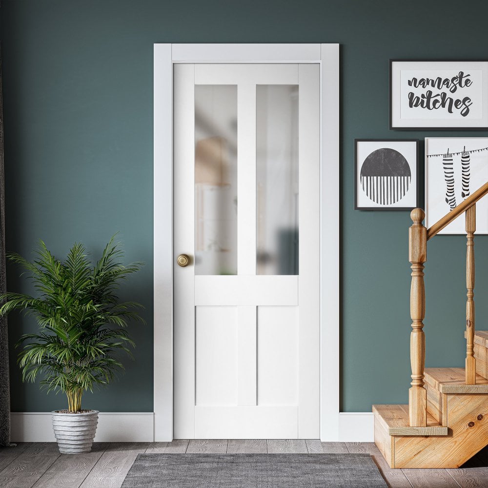 White Internal Primed Flat Victorian Shaker 2 Panel 2 Light Obscure Glass Door (68159)