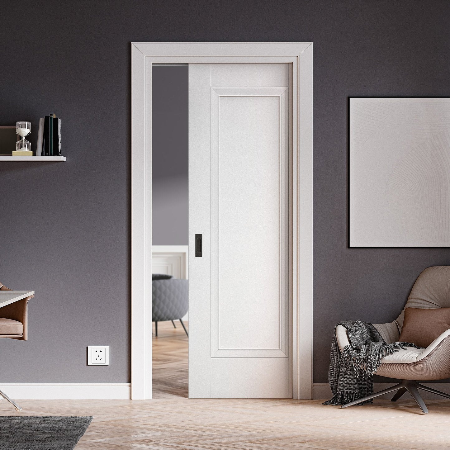 White Primed Internal Elegance Lancaster 1 Panel Framed Pocket Door Set (123252)