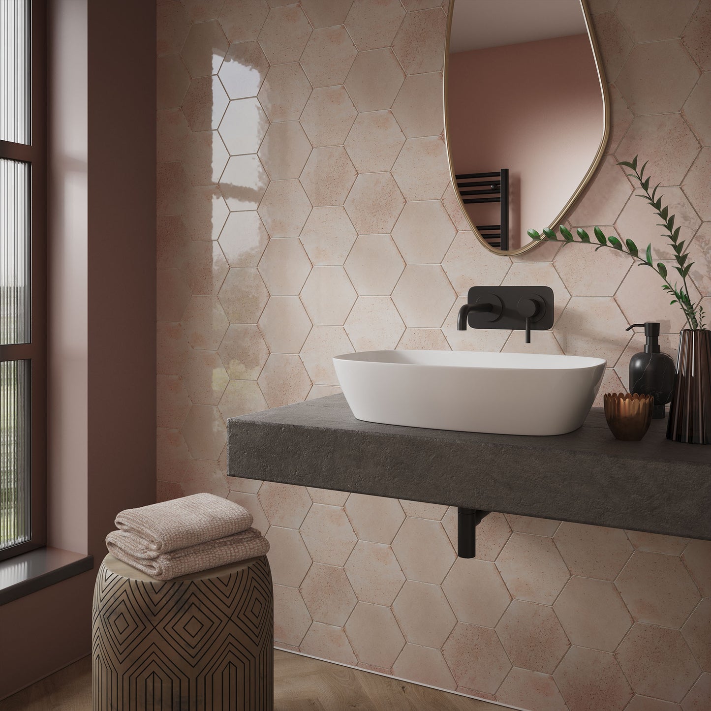 Rose Gloss - Aura Smooth Hexagon Ceramic Wall Tile Sample