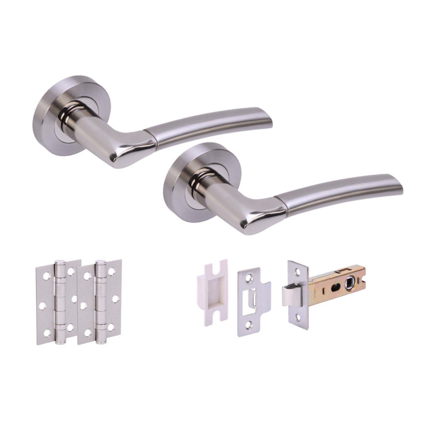 Designer Zoom Lever On Round Rose Handle Set - Polished Chrome and Satin Nickel