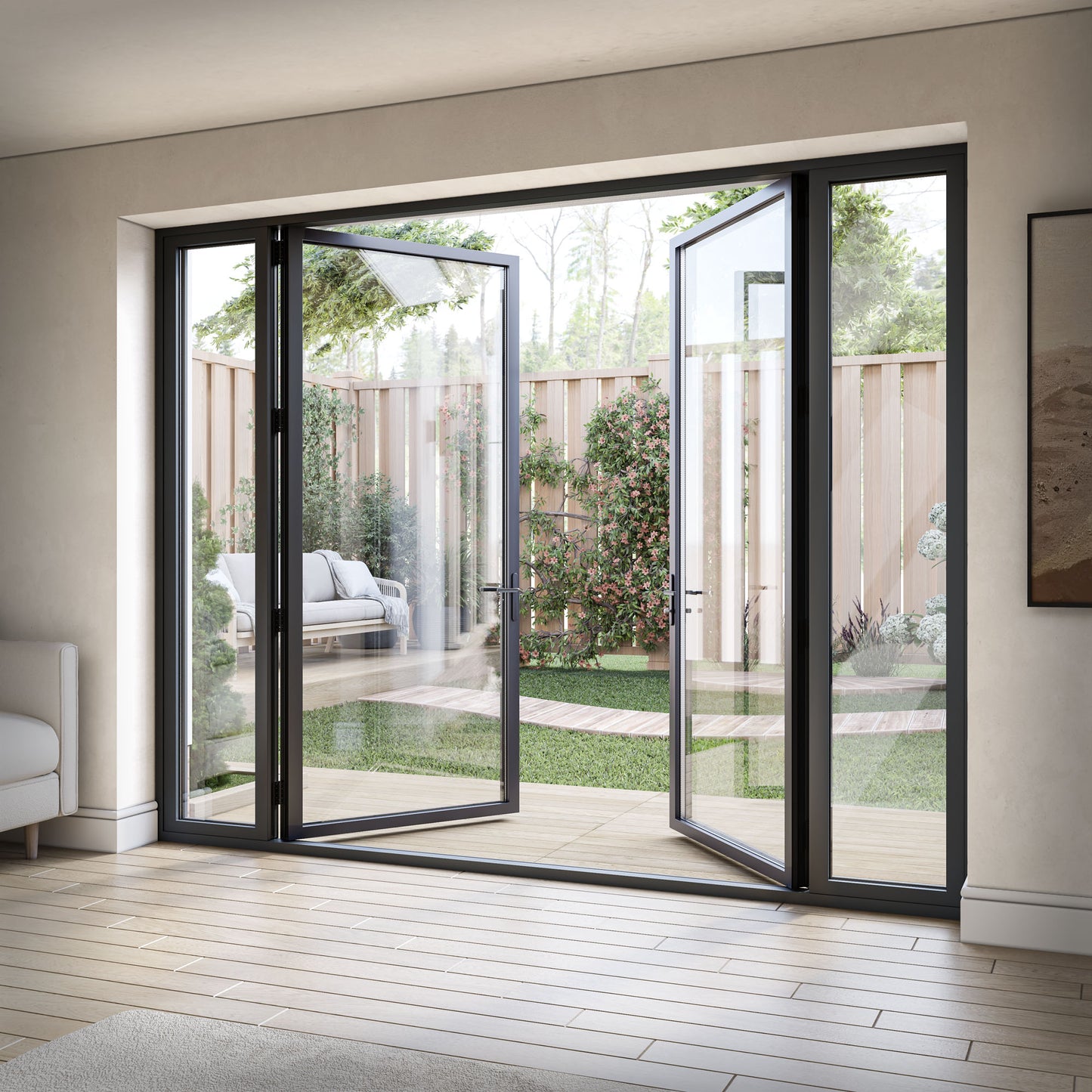Matt Grey Aluminium External Clear Glass French Patio Door with Sidelights