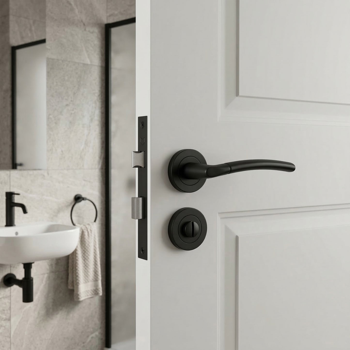 Zoom Internal Bathroom Lever Handle On Round Rose Pack - Matt Black