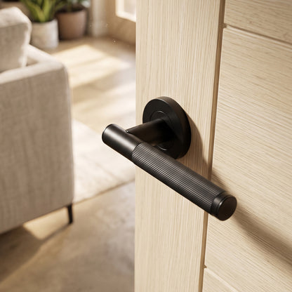 Fluted Lever on Round Rose Door Handle Set - Matt Black