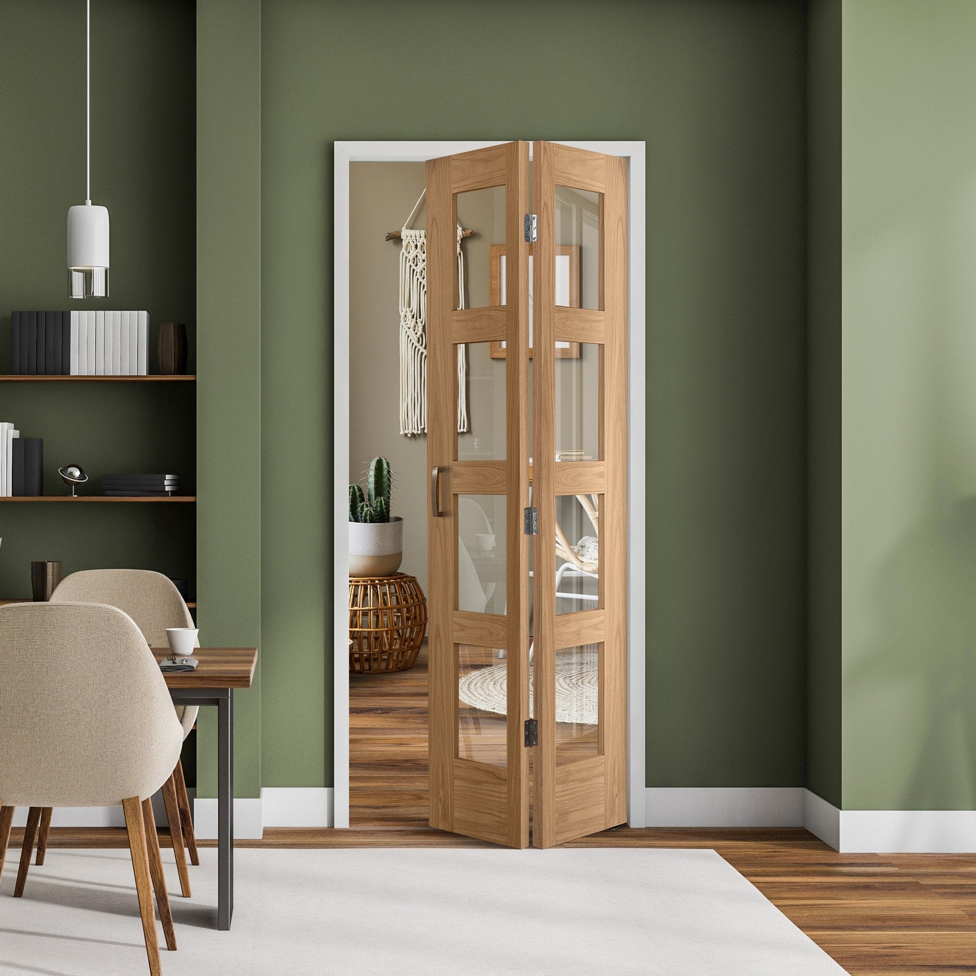 Oak Internal Unfinished Bi fold Shaker 4 Light Clear Glass Door