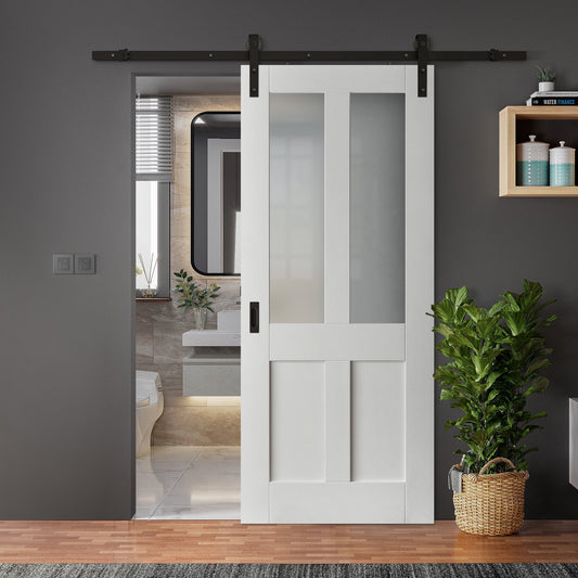 White Internal Primed Victorian 2 Panel 2 Light Obscure Glass Sliding Door - Black Face Mounted (120014)