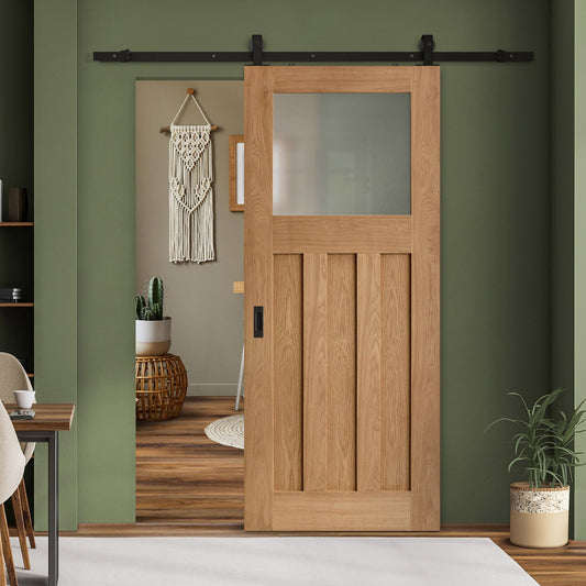 Oak Internal Unfinished 1930's DX 3 Panel 1 Light Obscure Glass Sliding Door - Black Top Mounted (120749)
