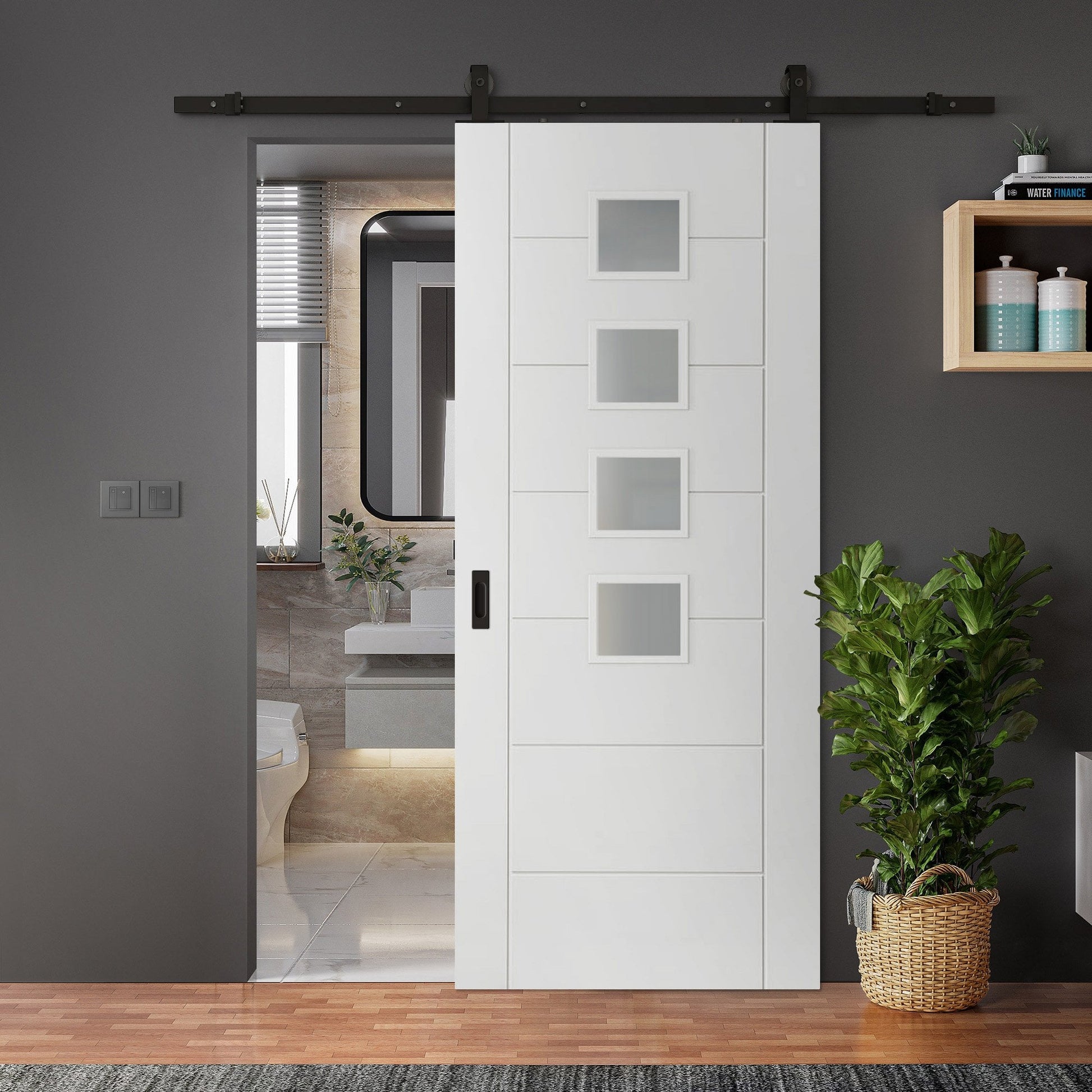 White Primed Internal Pedrena 7 Panel 4 Light Obscure Glass Sliding Door - Black Top Mounted (120759)