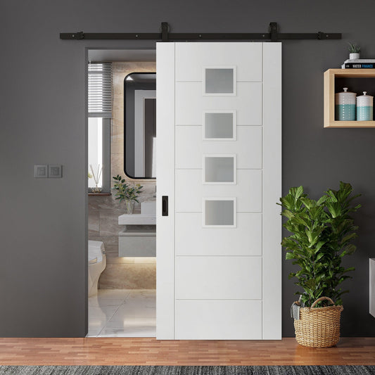 White Primed Internal Pedrena 7 Panel 4 Light Obscure Glass Sliding Door - Black Top Mounted (120759)