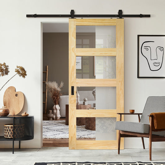 Clear Pine Internal Unfinished Shaker 4 Light Clear Glass Sliding Door - Black Top Mounted (120791)