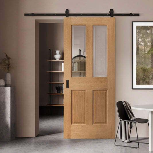 Oak Internal Unfinished Traditional Victorian 2 Panel 2 Light Clear Bevelled Glass Sliding Door - Black Top Mounted (120866)