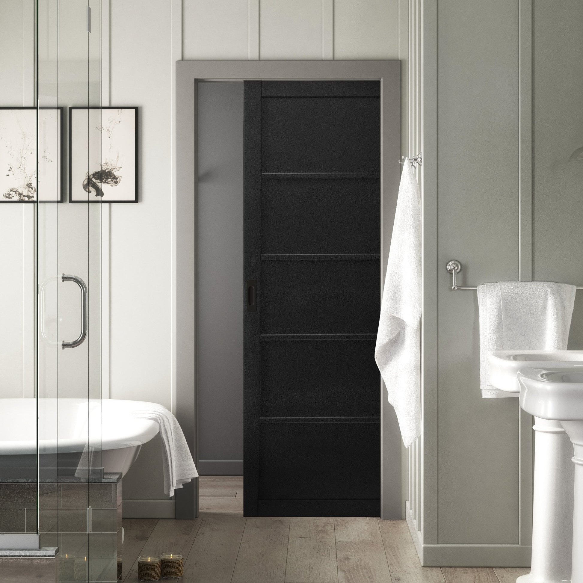Jet Black Internal Fully Finished Industrial Studio 5 Panel Classic Framed Pocket Door Set (121014)