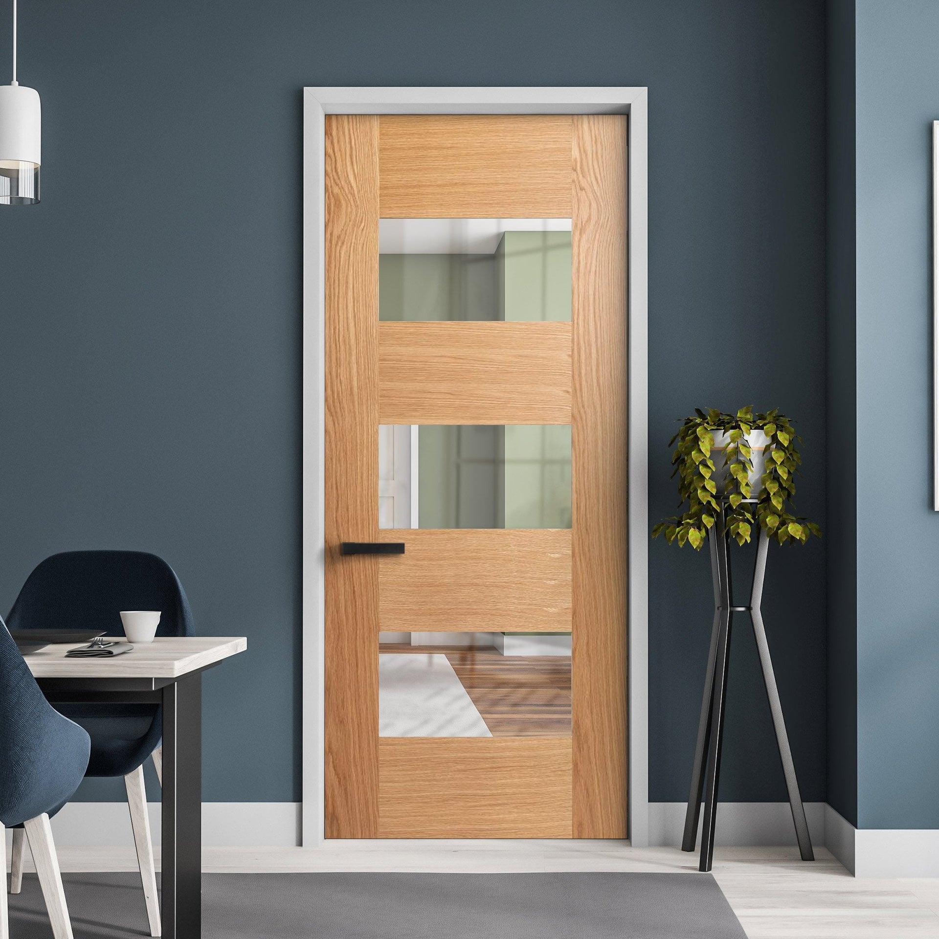 Oak Internal Fully Finished Edison 7 Panel 3 Light Clear Glass Door